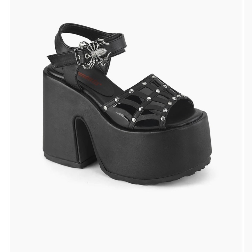 Demonia Camel 17 Black Studded Platform Ankle-Strap Sandals